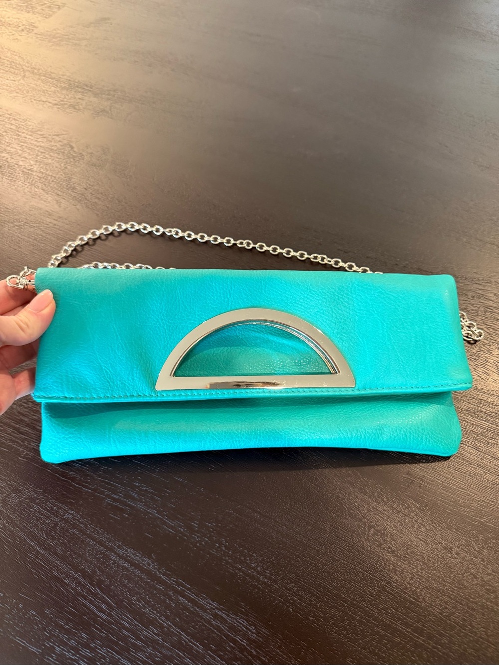 Vintage Turquoise Lambskin Leather Foldover Clutch Crossbody Bag Silver Hardware